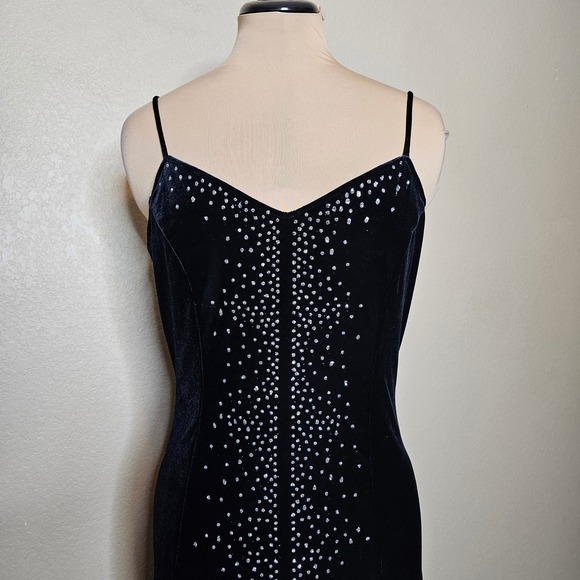 Vintage 90s Y2K Black Velvet Maxi Slip Dress Evening Gown Formal Silver glitter - Picture 2 of 10